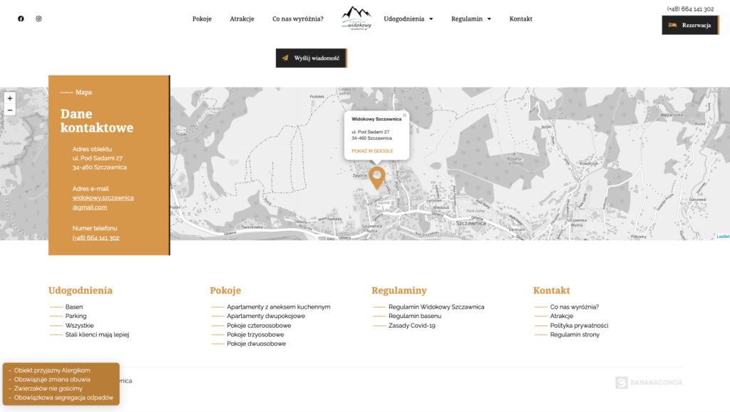 Sekcja główna i mapa strony Widokowy Szczawnica (noclegi/turystyka Pieniny) z danymi kontaktowymi i menu usług