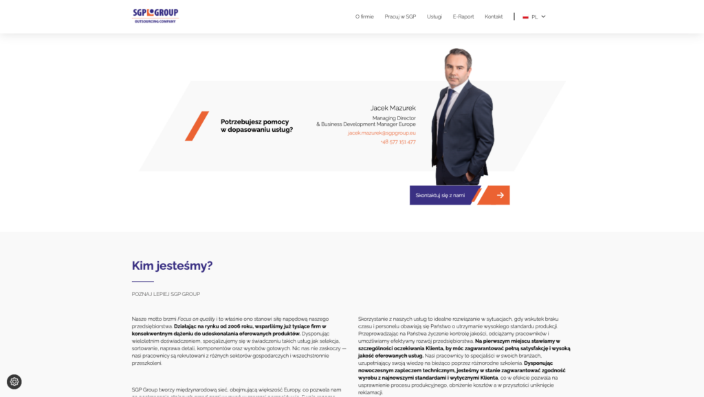 Sekcja 'Kim jesteśmy' na stronie SGP Group z przedstawicielem firmy i informacjami kontaktowymi
