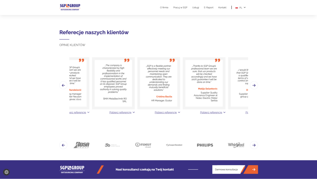Sekcja referencji klientów na stronie SGP Group pokazująca opinie i logo firm partnerskich