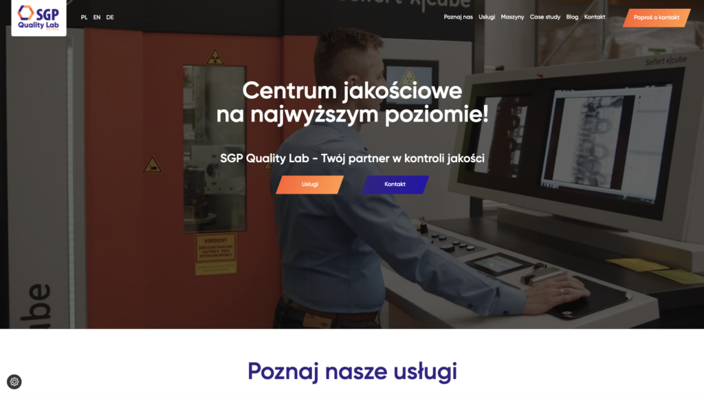 Sekcja hero strony SGP Quality Lab z nagłówkiem o centrum jakościowym