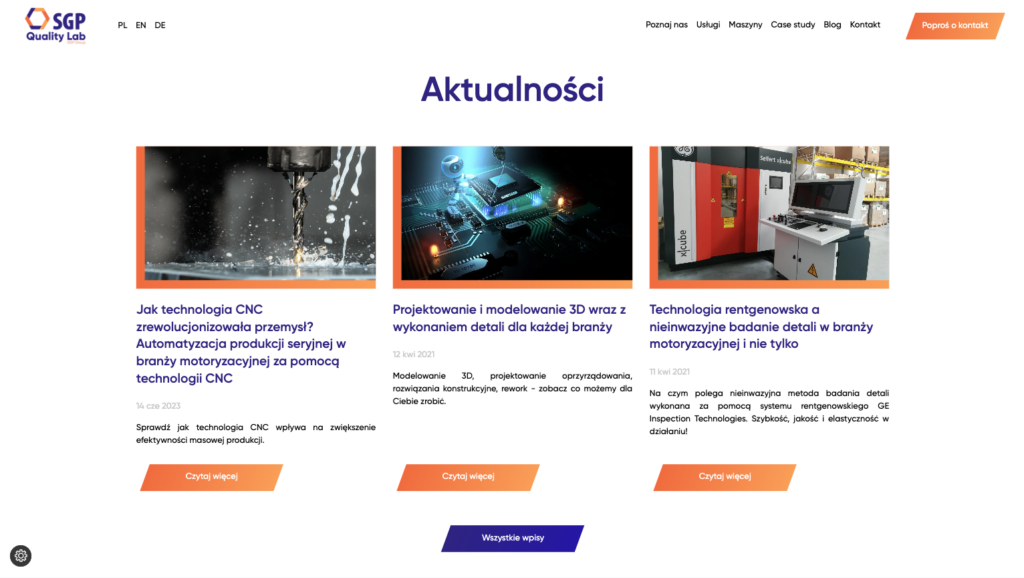 Sekcja aktualności/wiadomości SGP Quality Lab z trzema artykułami branży przemysłowej