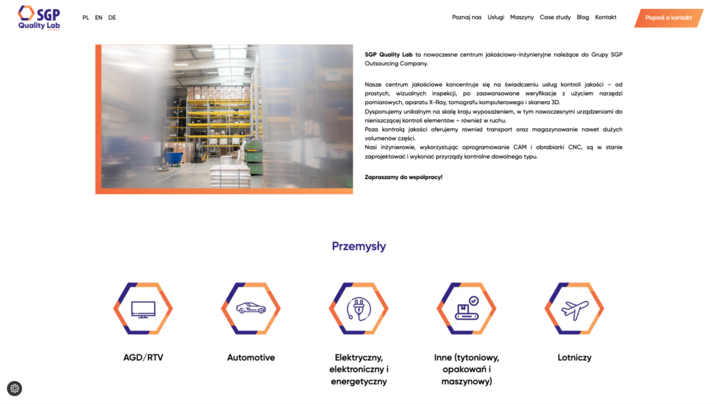 Sekcja opisująca usługi laboratoryjne SGP Quality Lab z fotografią zautomatyzowanego systemu inspekcji i tekstem o ofercie oraz ikonami gałęzi przemysłu (AGD/RTV Automotive Elektryka)