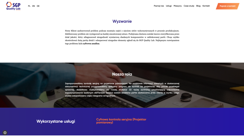 Strona case study SGP Quality Lab pokazująca wyzwanie i naszą rolę w rozwiązaniu problemu jakości