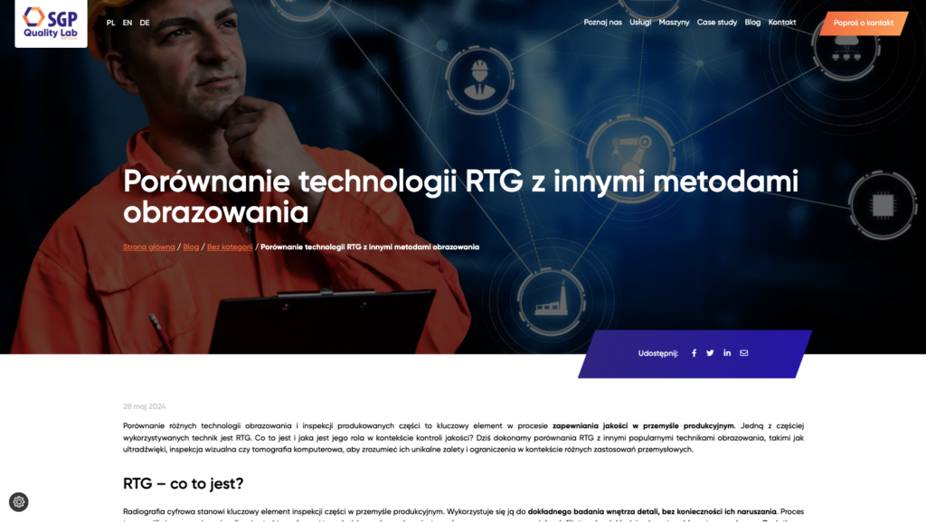 Sekcja technologii RTG na stronie SGP Quality Lab z pracownikiem i schematami