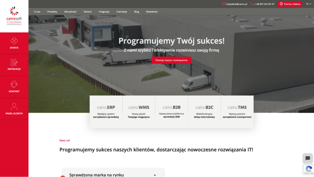 Sekcja hero strony Cairo Soft z red sidebare nawigacji i hero image pokazującym ciężarówki transportowe oraz moduły oprogramowania ERP WMS B2B B2C TMS