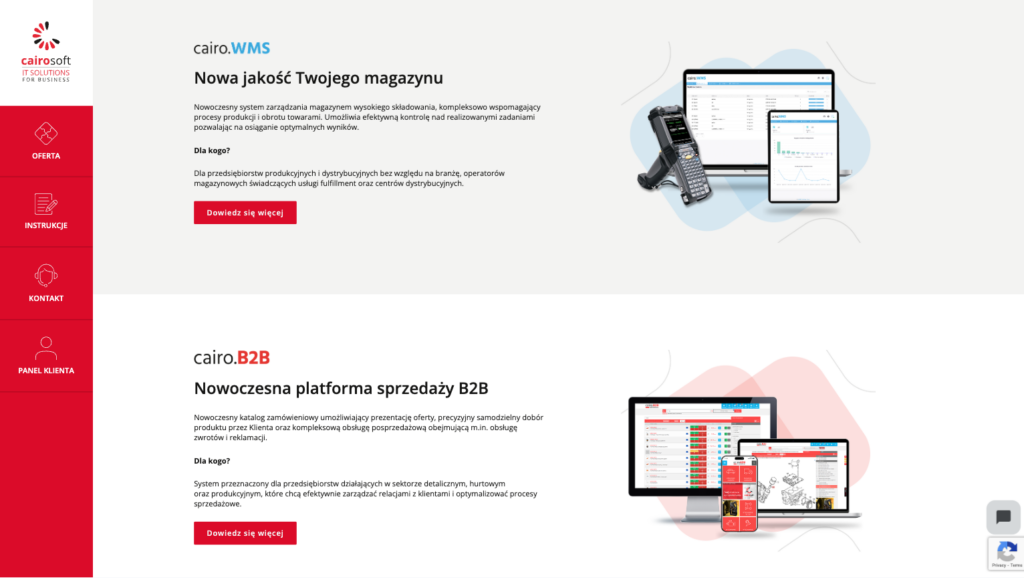 Sekcja produktów Cairo Soft pokazująca dwa moduły: cairo.WMS system zarządzania magazynem i cairo.B2B platform sprzedaży z mockupami urządzeń (POS tablet laptop)