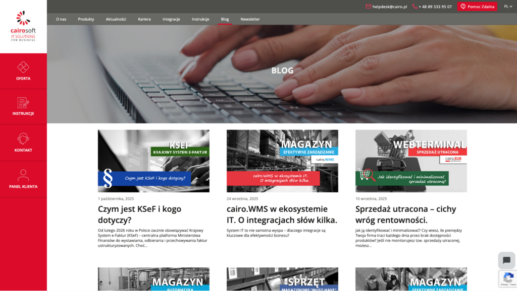 Sekcja bloga Cairo Soft z nagłówkiem BLOG i galerią sześciu artykułów: Czym jest KsEF cairo.WMS w ekosystemie IT Sprzedaż utraconą oraz inne artykuły branżowe