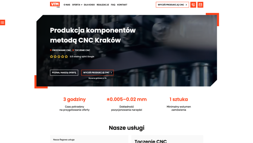 Sekcja hero strony VTM CNC (precyzyjna obróbka CNC) z tekstem 'Produkcja komponentów metodą CNC Kraków' i zdjęciem maszyn