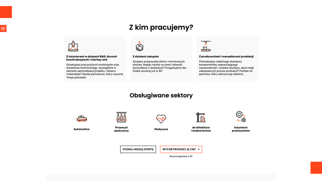 Sekcja 'Z kim pracujemy' strony VTM CNC z kartami branż i industrii obsługiwanych