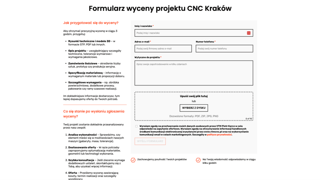 Formularz wyceny projektu CNC VTM z instrukcjami przygotowania i formularzem kontaktowym