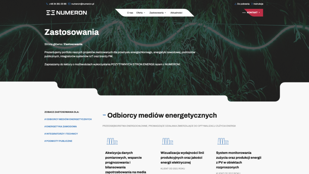 Sekcja Zastosowania na stronie Numeron pokazująca rozwiązania IT dla sektora energetyki z ikonami usług