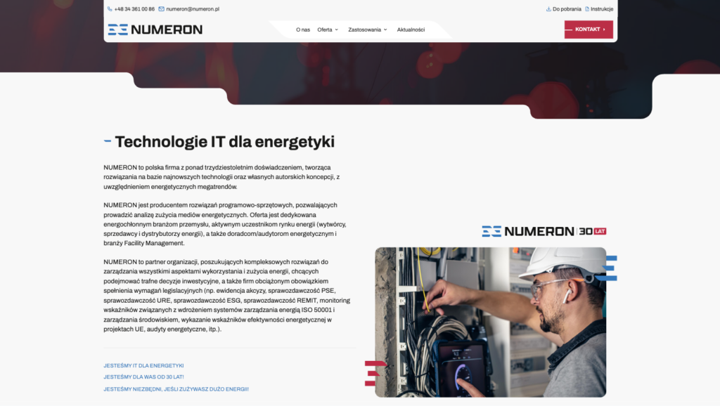 Sekcja Technologie IT na stronie Numeron z opisem rozwiązań IT dla energetyki i zdjęciami pracowników