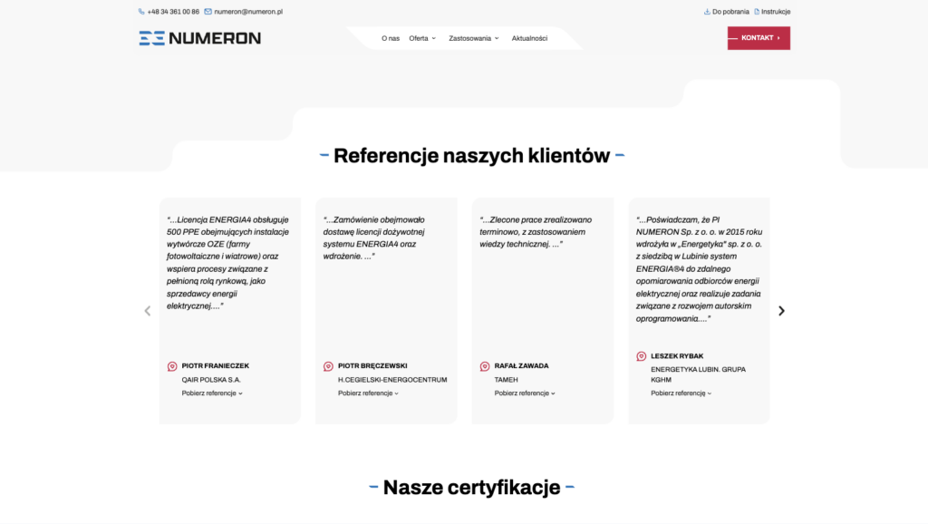 Sekcja Referencje klientów na stronie Numeron z opinami i certyfikacjami