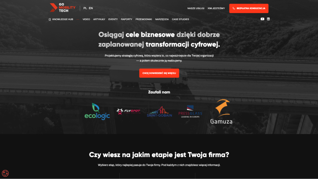 Sekcja Knowledge Hub na stronie Go Mobility Tech z tekstem o transformacji cyfrowej i galerią logoów klientów (Ecologic Saint-Gobain Leading Europe Gamuza) oraz pytaniem "Czy wiesz na jakim etapie jest Twoja firma?"
