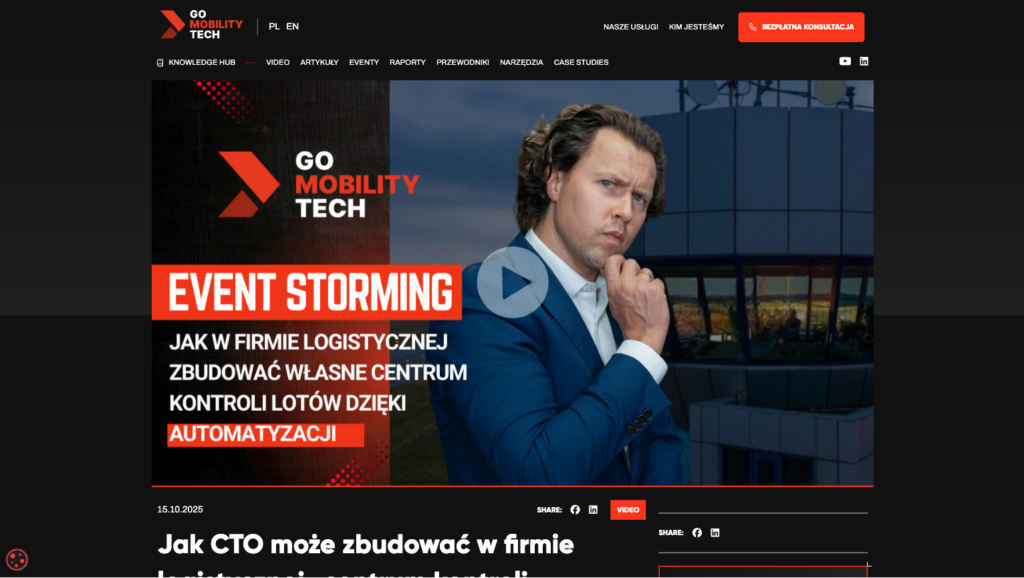 Sekcja case study Go Mobility Tech o event stormingu w logistyce z zdjęciem biznesmen i nagraniem wideo
