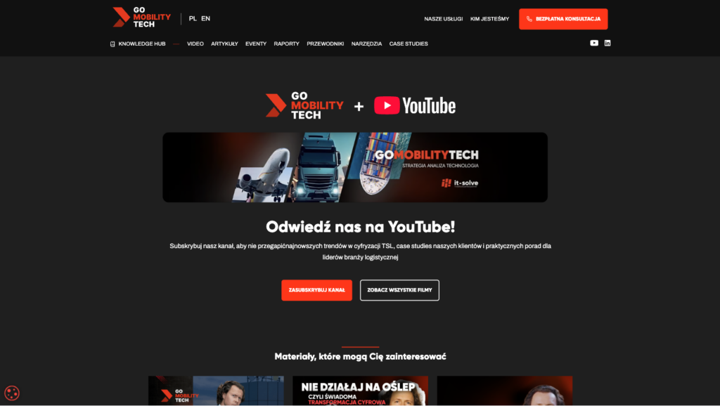 Sekcja YouTube na stronie Go Mobility Tech z zaproszeniem do subskrypcji kanału