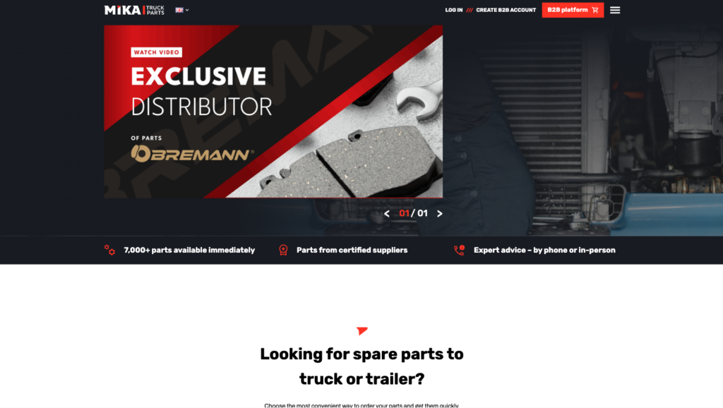 Sekcja hero strony Mika Truck Parts z promocją dystrybutora Osremann i karuzelą produktów z informacjami o dostępności
