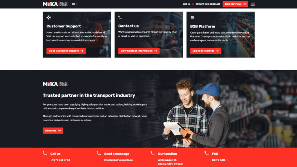 Sekcja usług i kontaktu strony Mika Truck Parts (dystrybutor części ciężarowych Szwecja) z trzema kartami: Customer Support Contact us i B2B Platform