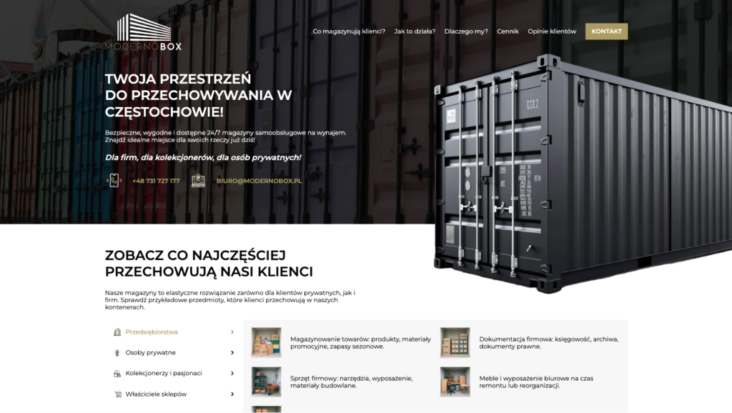 Sekcja hero Moderno Box z kontenerem i sekcją 'Zobacz co przechowują nasi klienci'