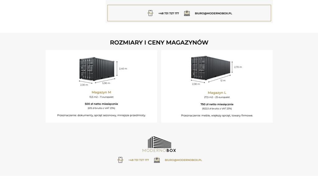 Sekcja rozmiaru i ceny magazynów Moderno Box z dwoma opcjami M i L
