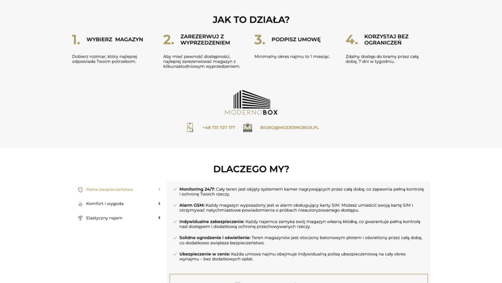Sekcja 'Jak to działa' na stronie Moderno Box z czterema krokami i informacjami o usługach