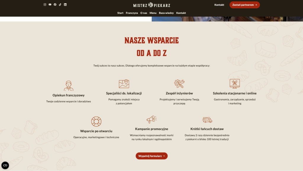 Sekcja 'Nasze wsparcie - Od A do Z' strony Mistrz Piekarz z siatką sześciu usług franczyzowym