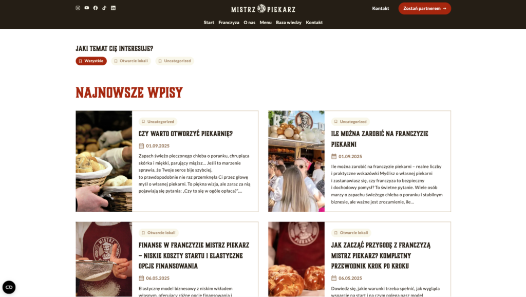 Zrzut ekranu strony internetowej klienta Mistrz Piekarz (sieć piekarni / food trucków (franczyza)) wykonanej przez Bananaconda — ujęcie 3