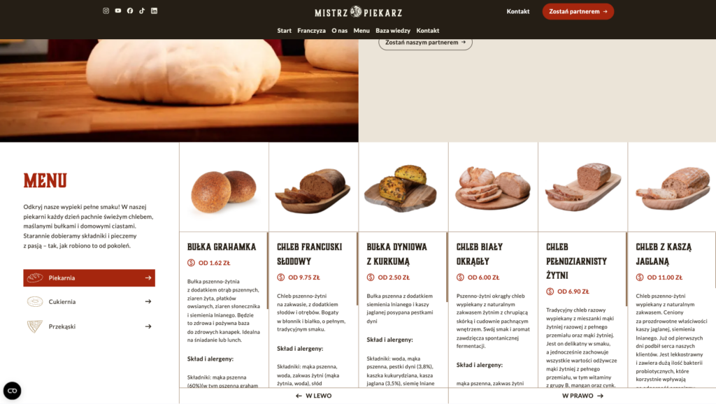 Sekcja menu piekarni na stronie Mistrz Piekarz pokazująca 7 produktów chlebów i piekarskich wyrobów z fotografiami ceny i opisy w formacie siatki produktów