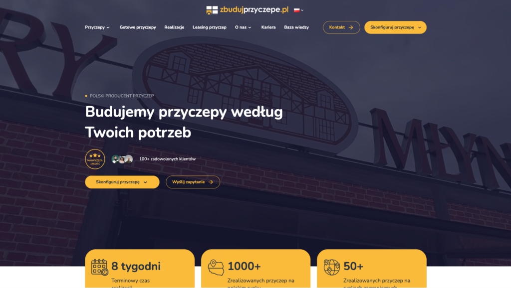 Sekcja hero strony Zbuduj Przyczepę (projektowanie i budowa przyczep gastronomicznych/specjalistycznych) z tekstem 'Budujemy przyczepy według Twoich potrzeb'