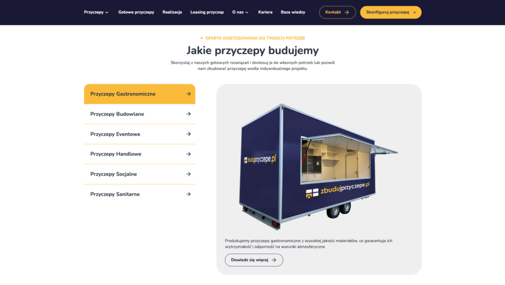 Sekcja typów przyczep Zbuduj Przyczepę pokazująca kategorię przyczep gastronomicznych z wizualizacją 3D trailera