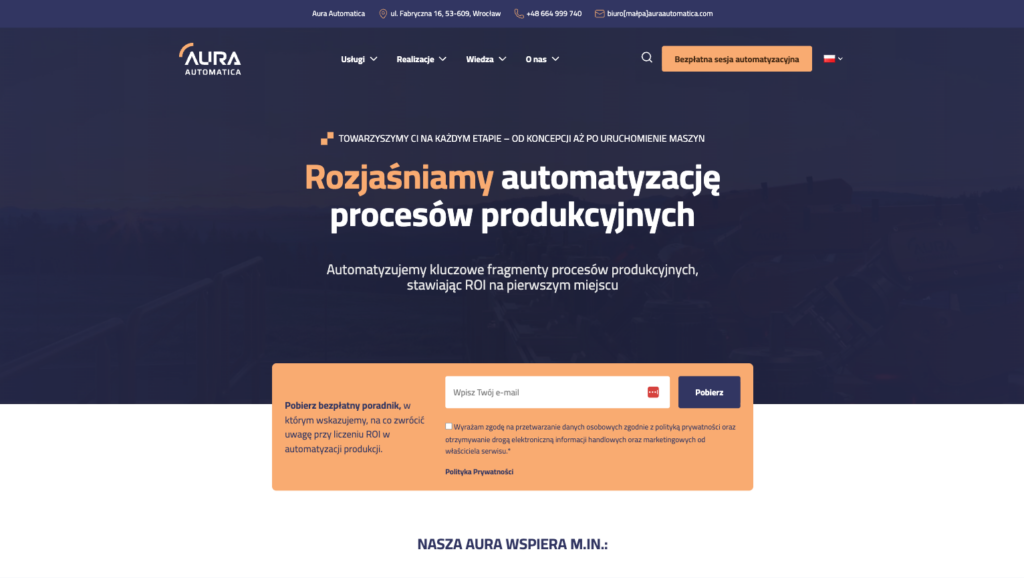 Sekcja hero strony Aura Automatica z nagłówkiem "Rozjaśniamy automatyzację procesów produkcyjnych" logo firmy i formularzem kontaktu z pomaranczowym przyciskiem