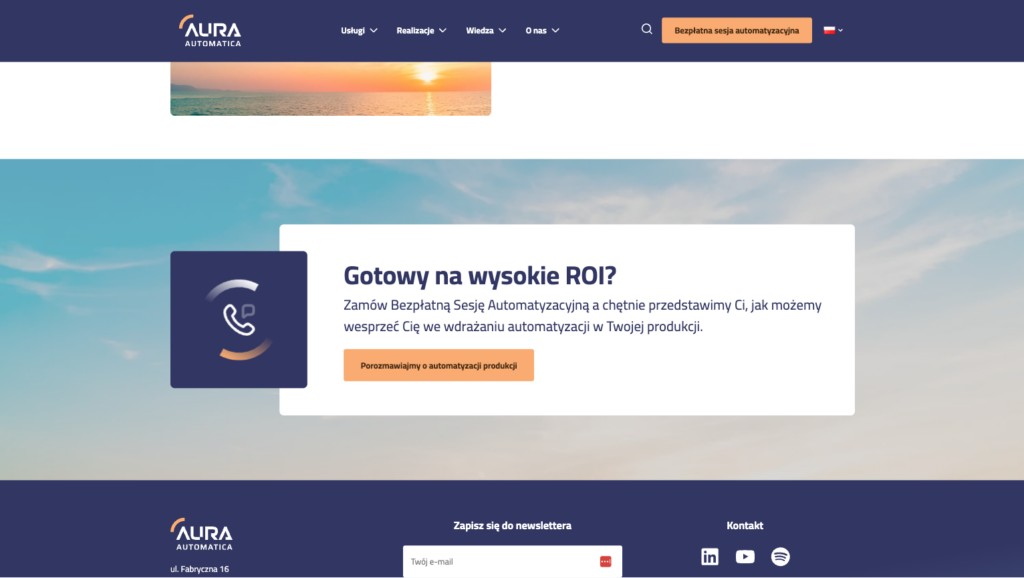 Sekcja strony Aura Automatica z pytaniem "Gotowy na wysokie ROI?" z ikoną słuchawki kontaktu i przyciskiem CTA nad obrazem zachodu słońca
