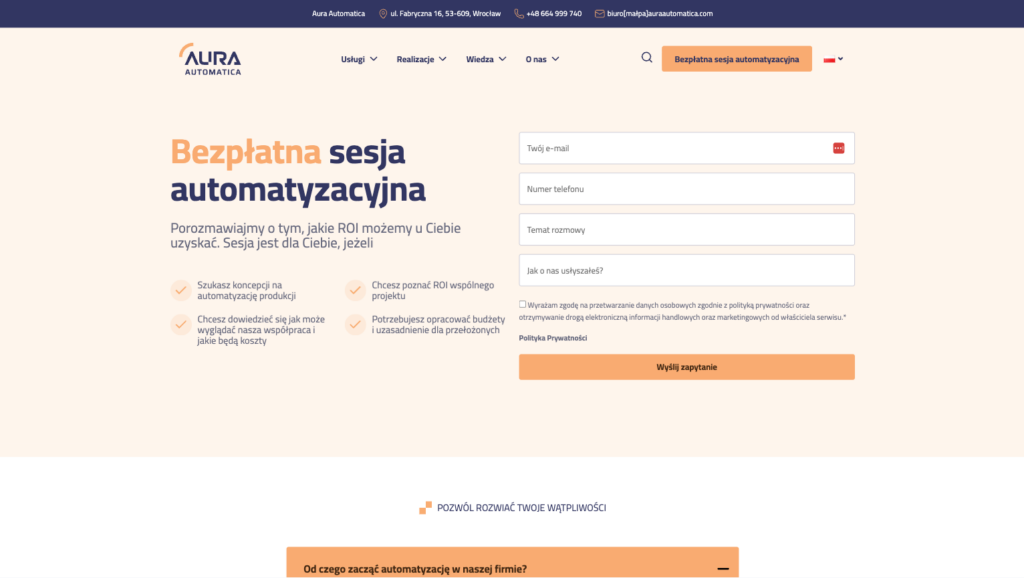Sekcja "Bezpłatna sesja automatyzacyjna" na stronie Aura Automatica z formularzem kontaktu i listą korzyści oraz sekcją FAQ