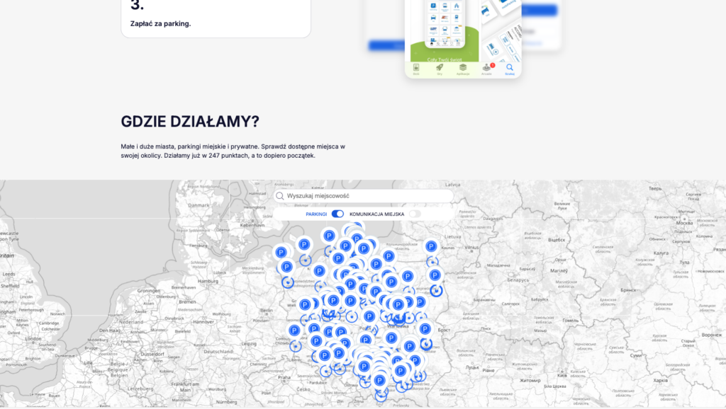 Sekcja 'Gdzie działamy?' na stronie SkyCash - mapa Polski z niebieskimi markerami lokalizacji miast i text 'Mali i duże miasta, parking mniejszy i prywatne. Sprawdź dostępne miejsca w Twojej okolicy. Działamy już w 247 parkingach' oraz zaznaczona funkcja wyszukiwania