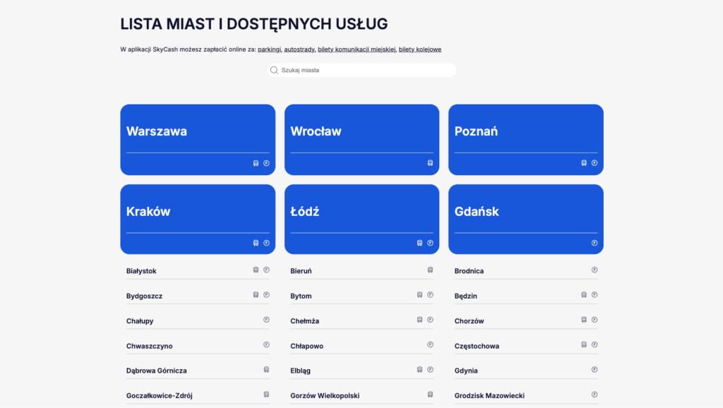 Sekcja 'Lista miast i dostępnych usług' na stronie SkyCash - siatka sześciu niebieskich kart miast (Warszawa, Wrocław, Poznań, Kraków, Łódź, Gdańsk) i lista dodatkowych miast poniżej