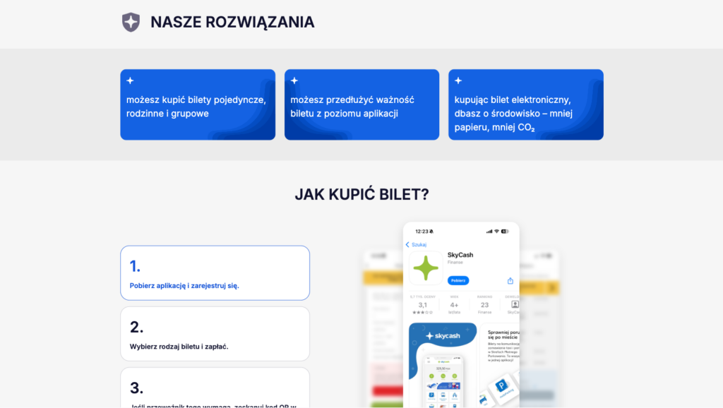 Sekcja 'Nasze rozwiązania' na stronie SkyCash - trzy niebieskie karty z informacjami o typach biletów (jednorazowe/grupowe, ważność, elektroniczny) i sekcja instrukcji 'Jak kupić bilet?' z numerowanymi krokami