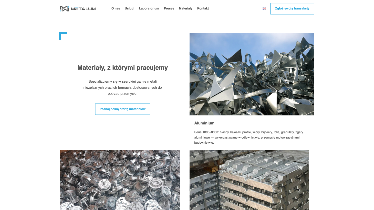 Sekcja materiałów na stronie Metalum z nagłówkiem i galerią aluminium