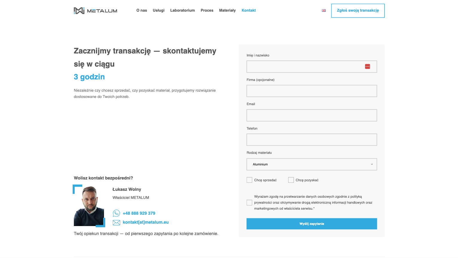 Sekcja kontaktu i formularza transakcji Metalum z danymi kontaktowymi