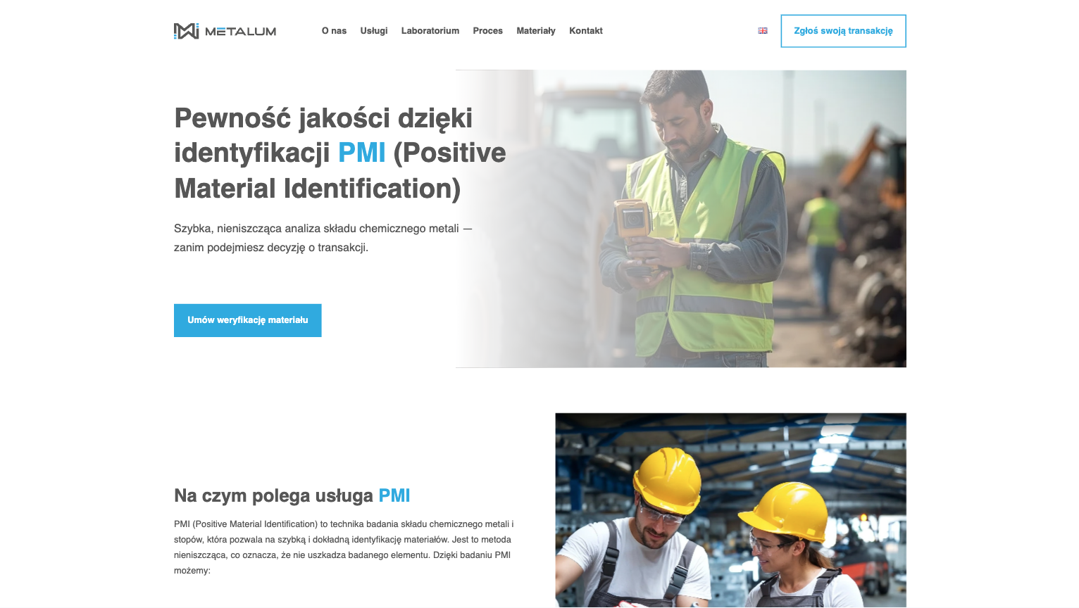 Sekcja usługi PMI na stronie Metalum z pracownikami i urządzeniami testowymi