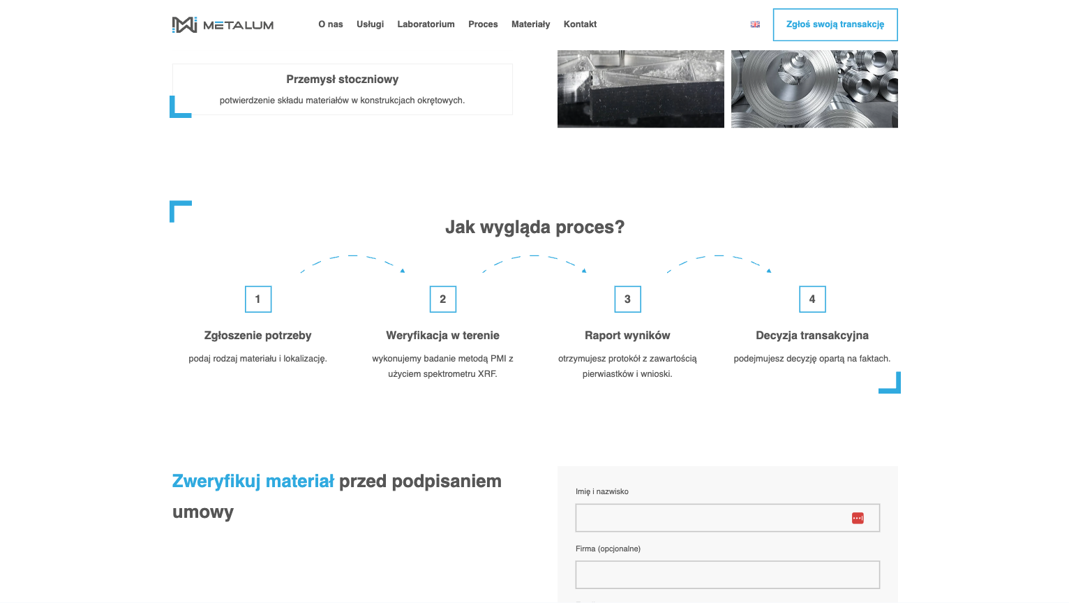 Sekcja procesu weryfikacji materiału Metalum z czterema etapami