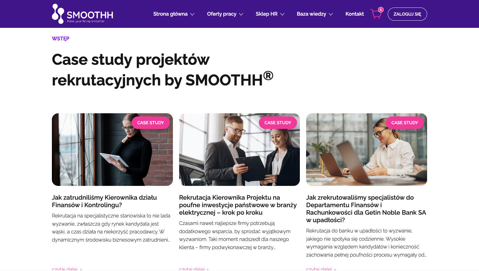 Sekcja case studies projektów rekrutacyjnych SMOOTHH z trzema studiami przypadku