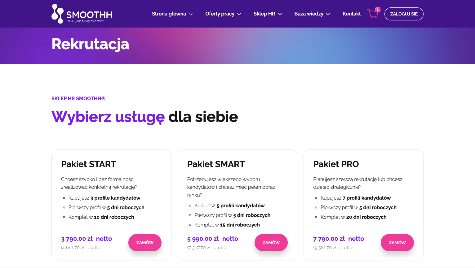Sekcja pakietów rekrutacyjnych SMOOTHH z cenami i opisami trzech dostępnych planów