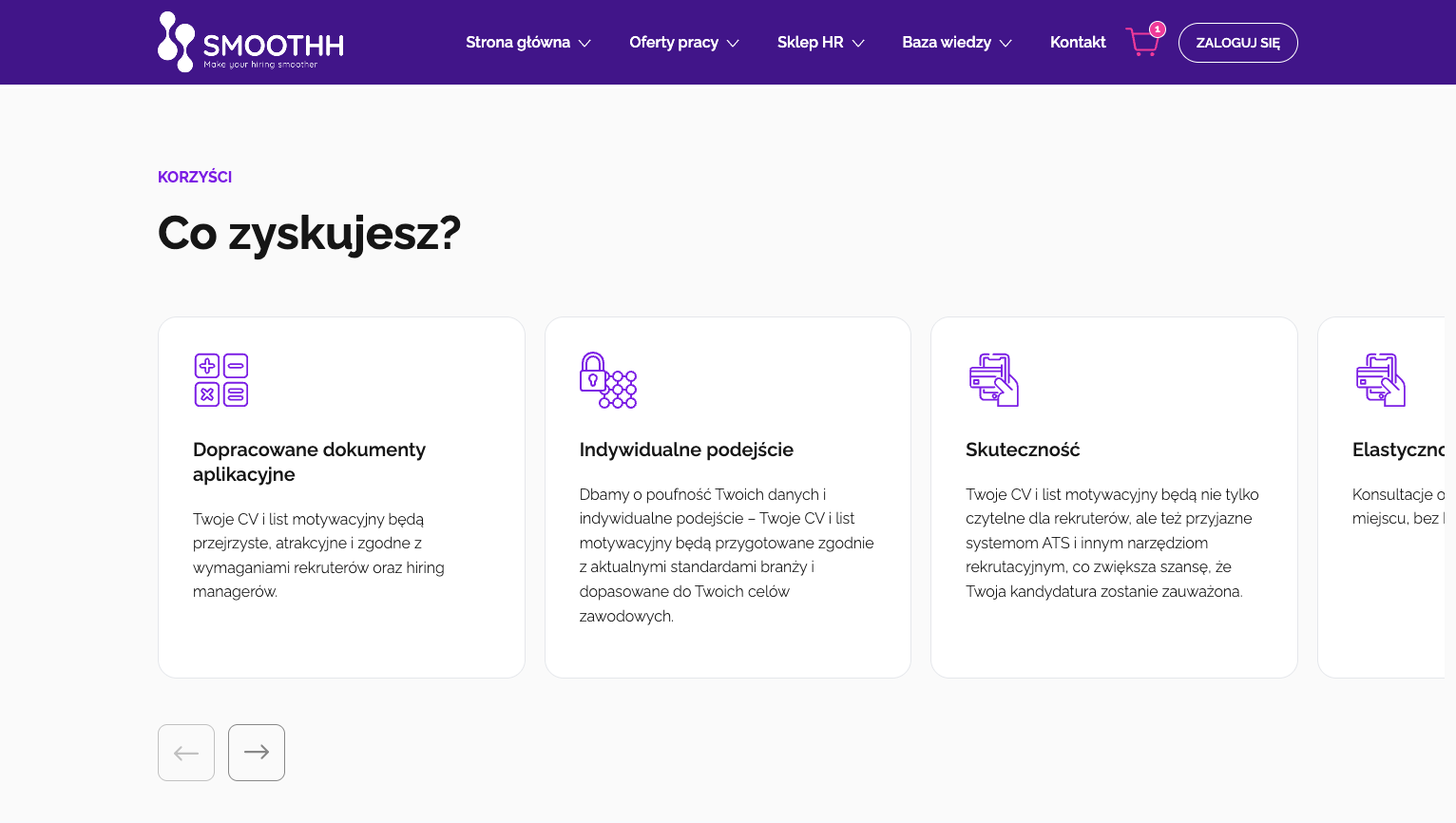 Sekcja korzyści platformy SMOOTHH z czterema kartami opisującymi benefity