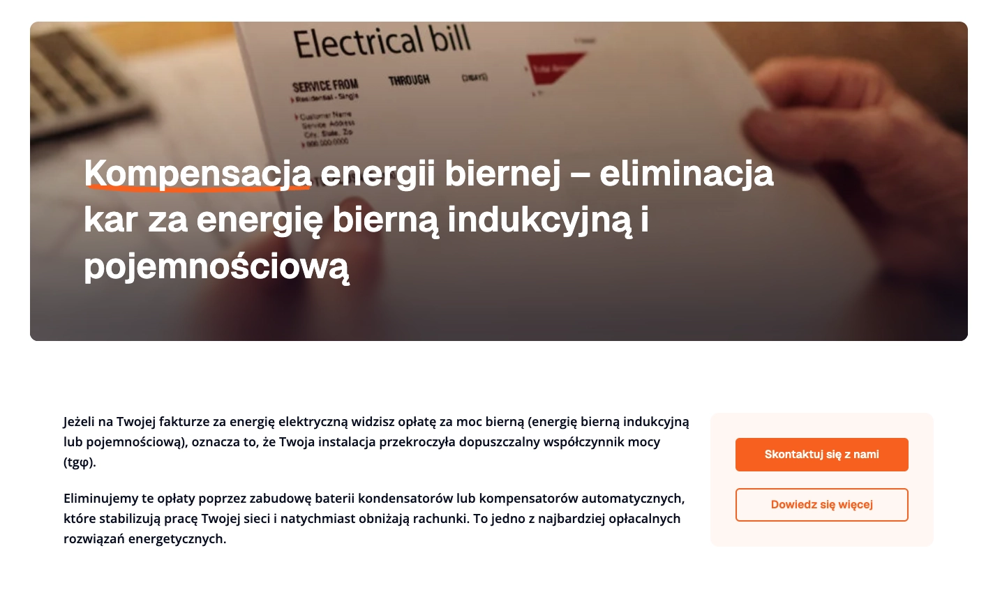 Sekcja oferty usługi kompensacji energii biernej na stronie Elektro-Efekt z dokumentem rachunku elektrycznego