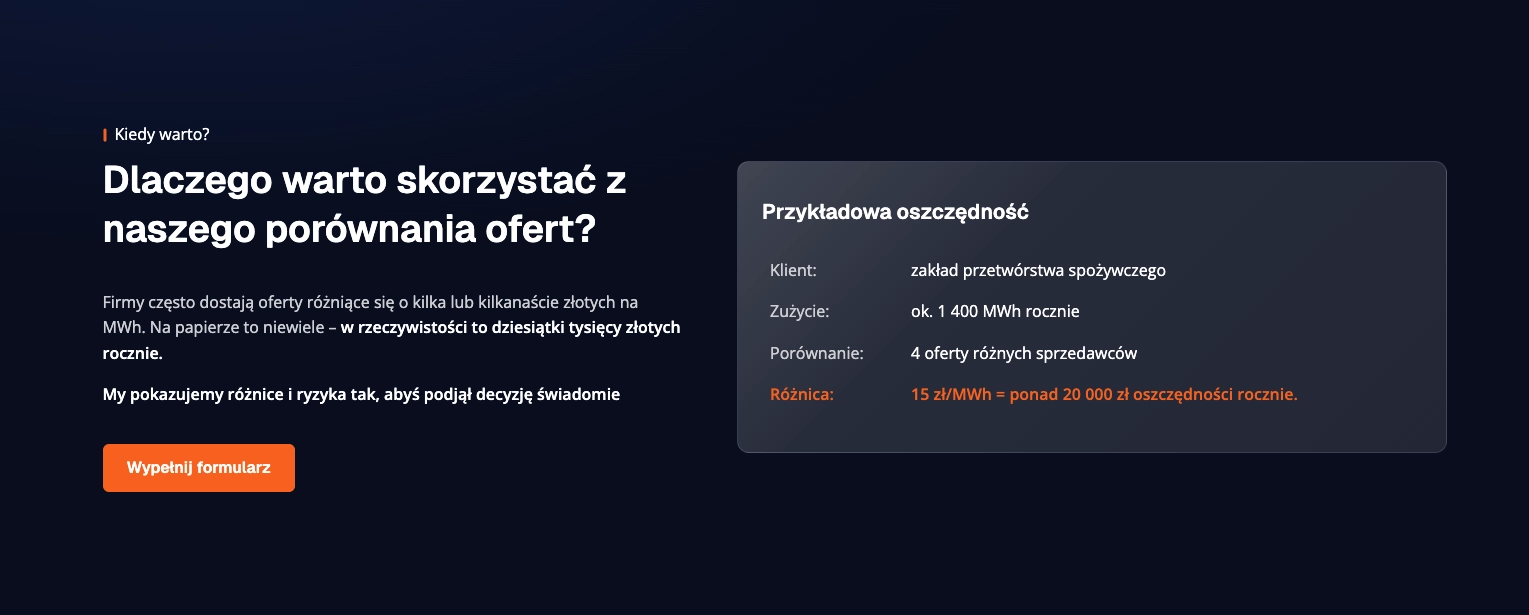 Sekcja porównania ofert energetycznych na stronie Elektro-Efekt - zagadnienie o oszczędnościach z przykładowym wyliczeniem 'Przykładowa oszczędność' pokazującą dane klienta i wzrost energii