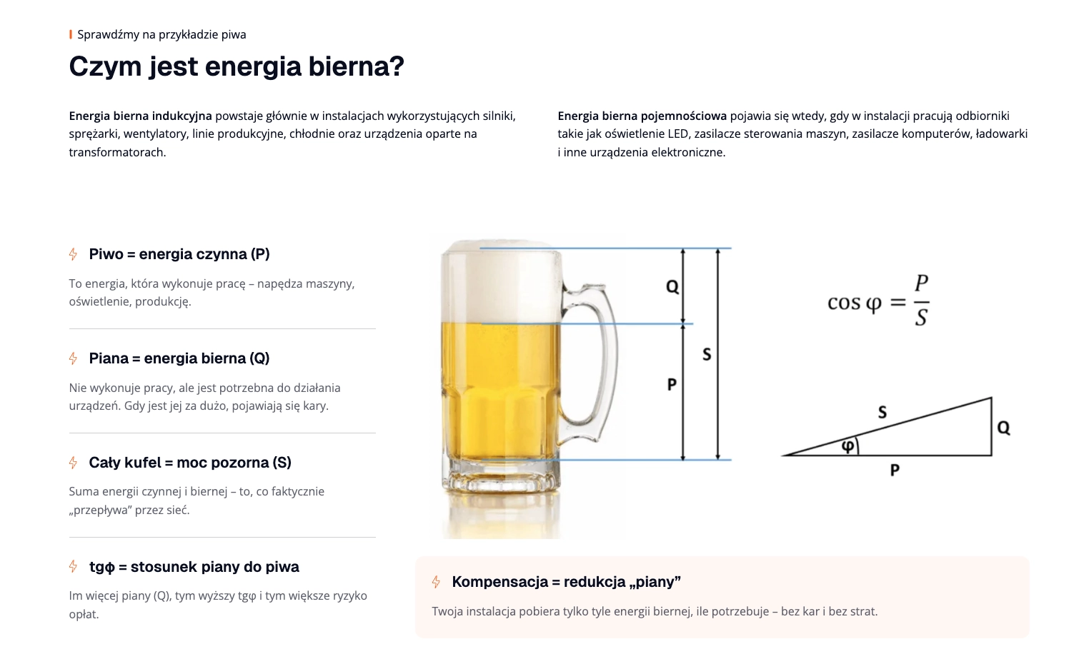 Sekcja edukacyjna o energii biernej na stronie Elektro-Efekt z analogią piwa i matematyką