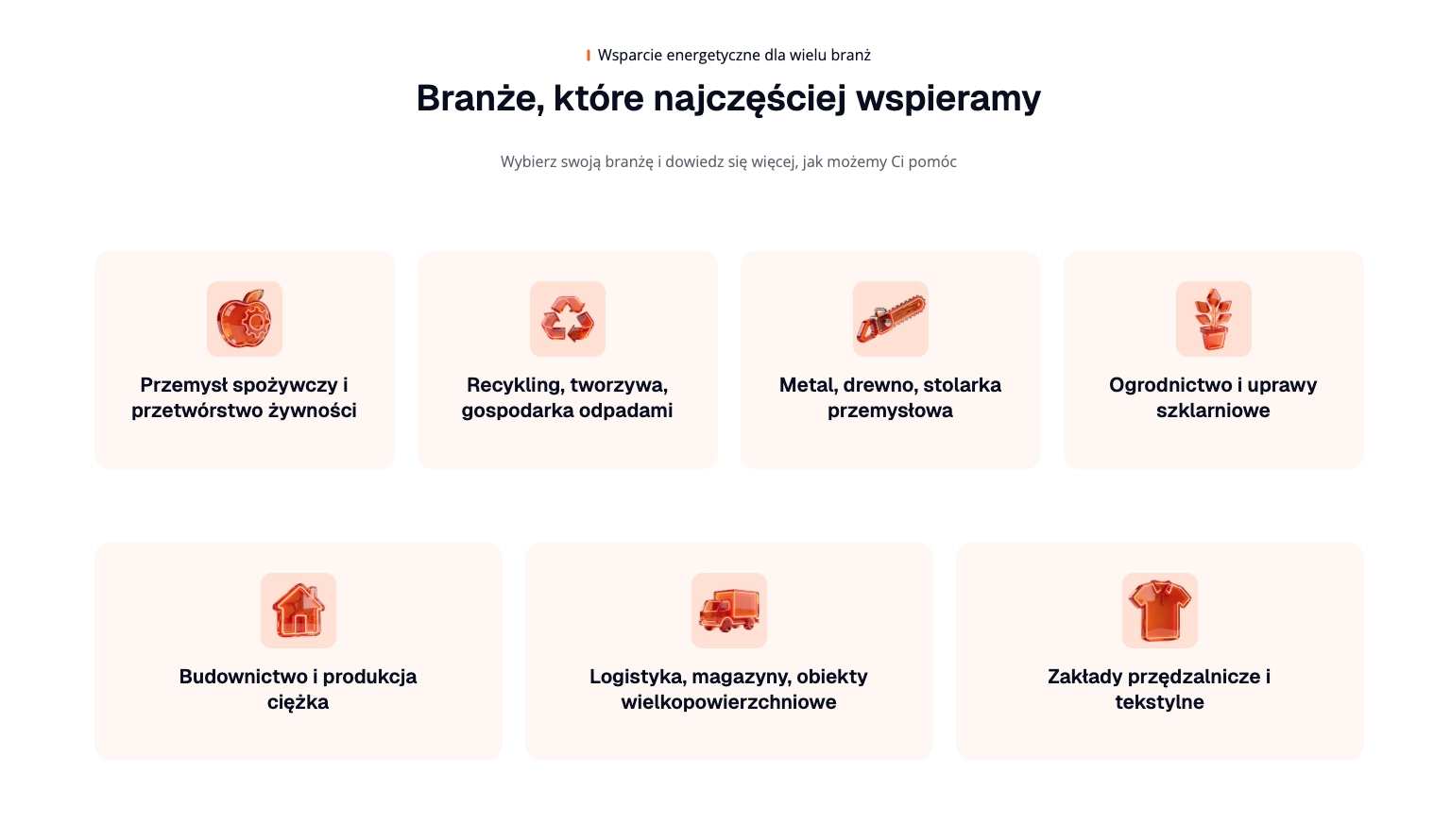 Sekcja gałęzi przemysłu wspieranych przez Elektro-Efekt z siedmioma ikonami branż