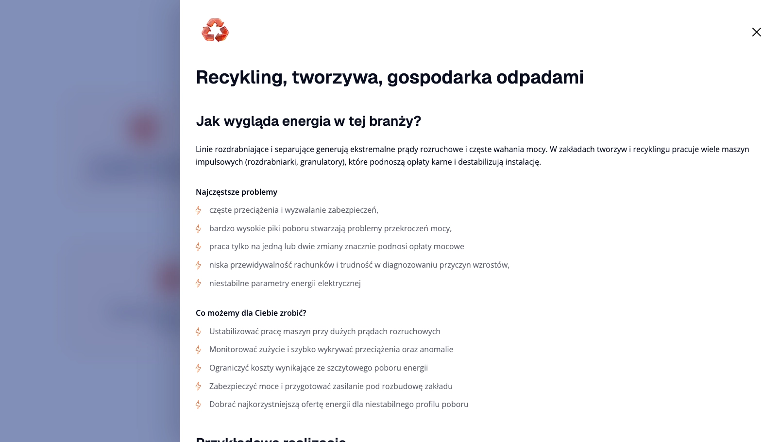 Sekcja oferty usług dla branży recyklingu na stronie Elektro-Efekt z problemami i rozwiązaniami