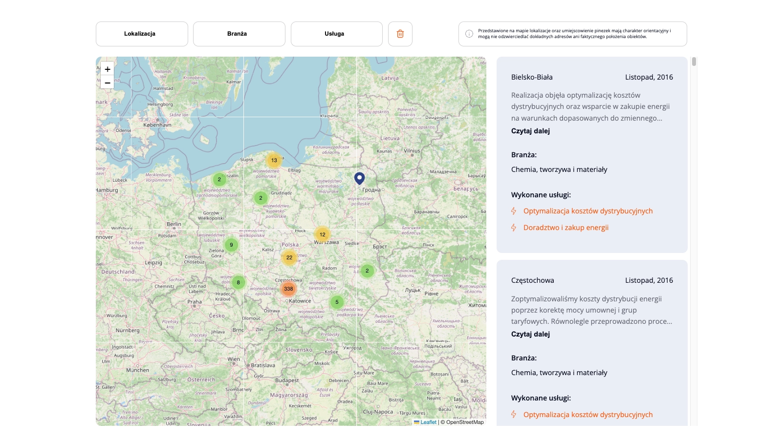 Sekcja mapy lokalizacji na stronie Elektro-Efekt - wizualizacja projektów optymalizacji energii w Polsce z markerami miast (Bielsko-Biała, Częstochowa) i szczegółami branży