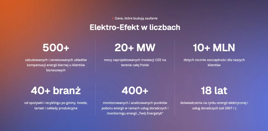 Sekcja statystyk firmy Elektro-Efekt 'w liczbach' z sześcioma metrykami